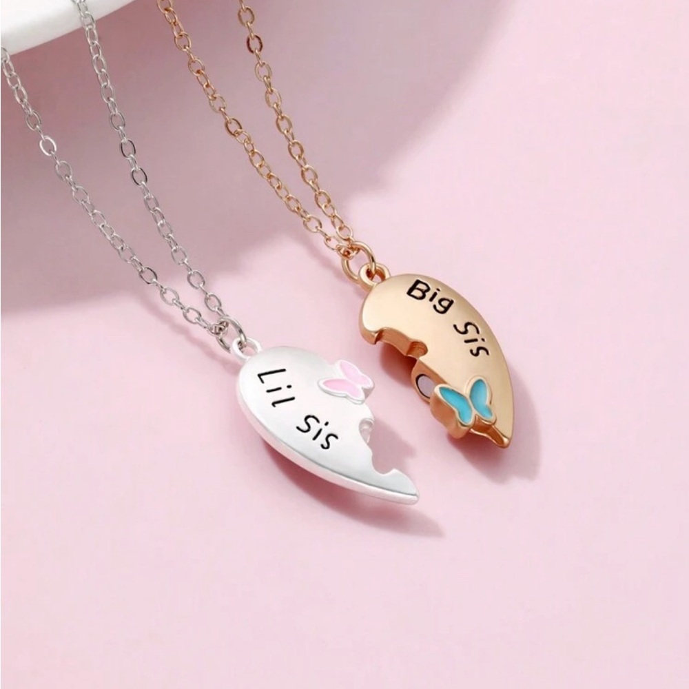 2pcs Big & Lil Sis Butterfly & Heart Matte Gold & Silver Plated